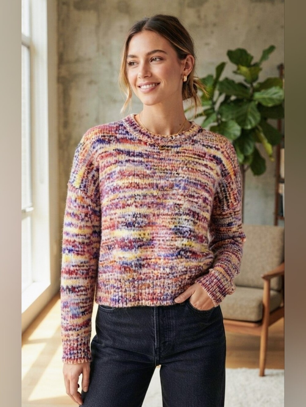 Multicolor Crewneck Knit Sweater Medium Crochet
